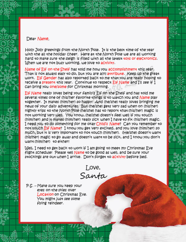 Santa's Hat Elf On shelf Letter