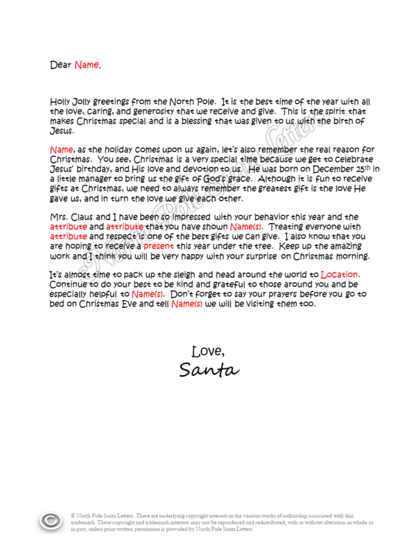 letter from Santa God's Grace