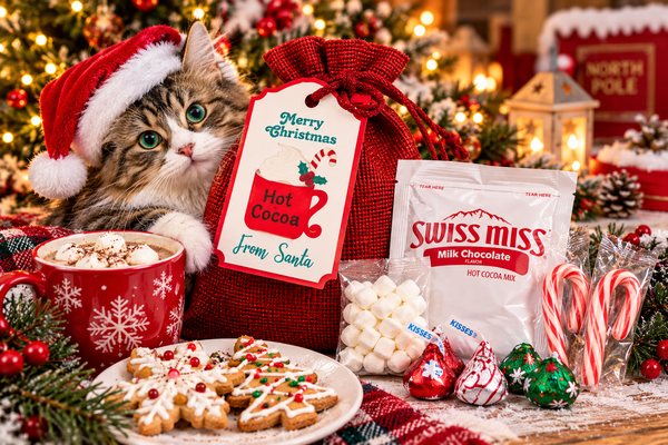 Holiday Hot Cocoa from Santa with cocoa mix, marshmallows, candy canes, chocolates and a festive Christmas cat