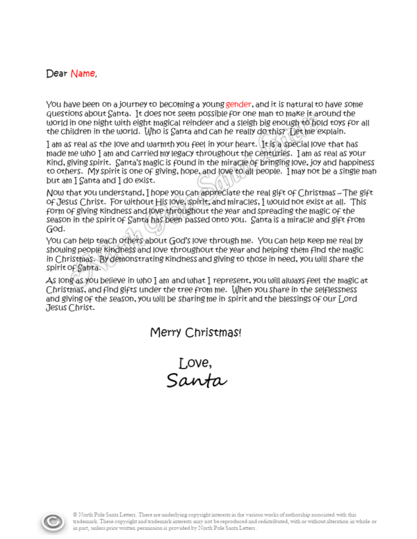 The Gift of God's Love Religious Letter from Santa
