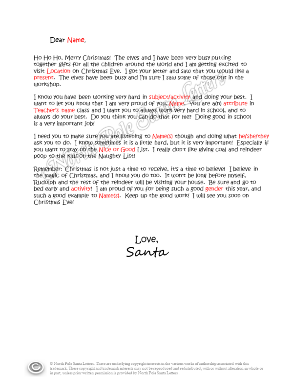 Letter from Santa Working Hard in School